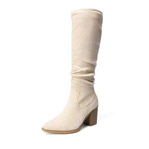 Knee High Boots Women Pointed Toe Chunky Heel Suede Pull On Side Zipper Riding